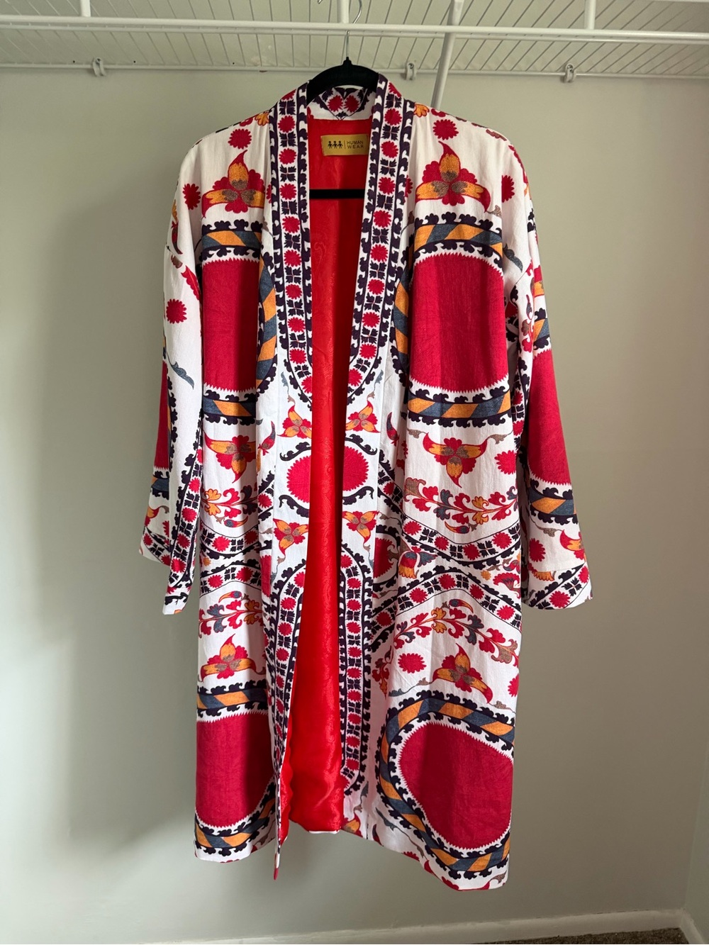 Embroidered Pattern Kimono Robe - Red & White